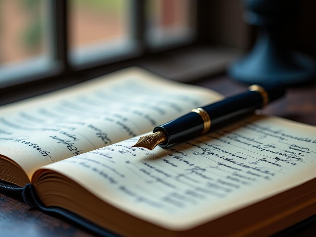 Close up of a classic fountain pen on a leather-bound journal with business strategy sketches