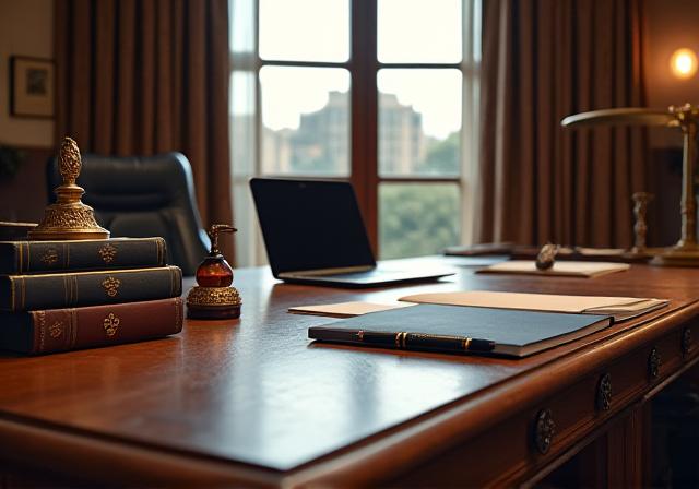 Stately office environment with vintage books and modern technology