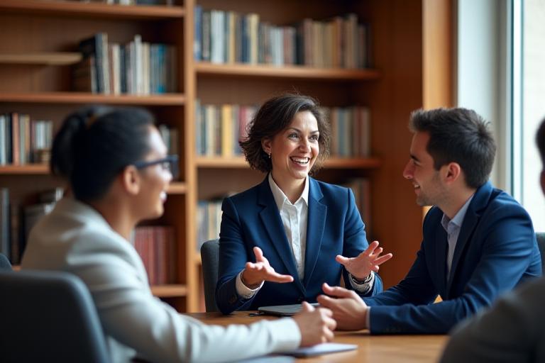 A diverse leader sharing a story with a captivated team in a warm, book-filled meeting room